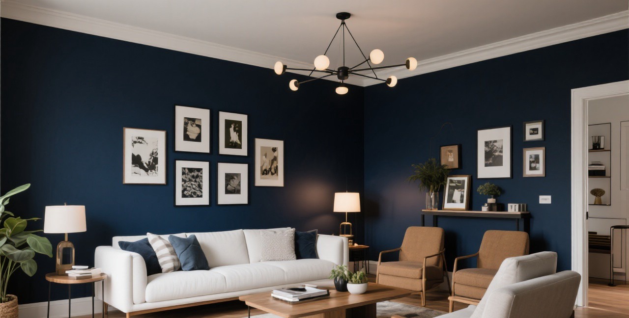 Stunning living room with dark navy accent wall behind a white sofa with gallery wall and modern lighting