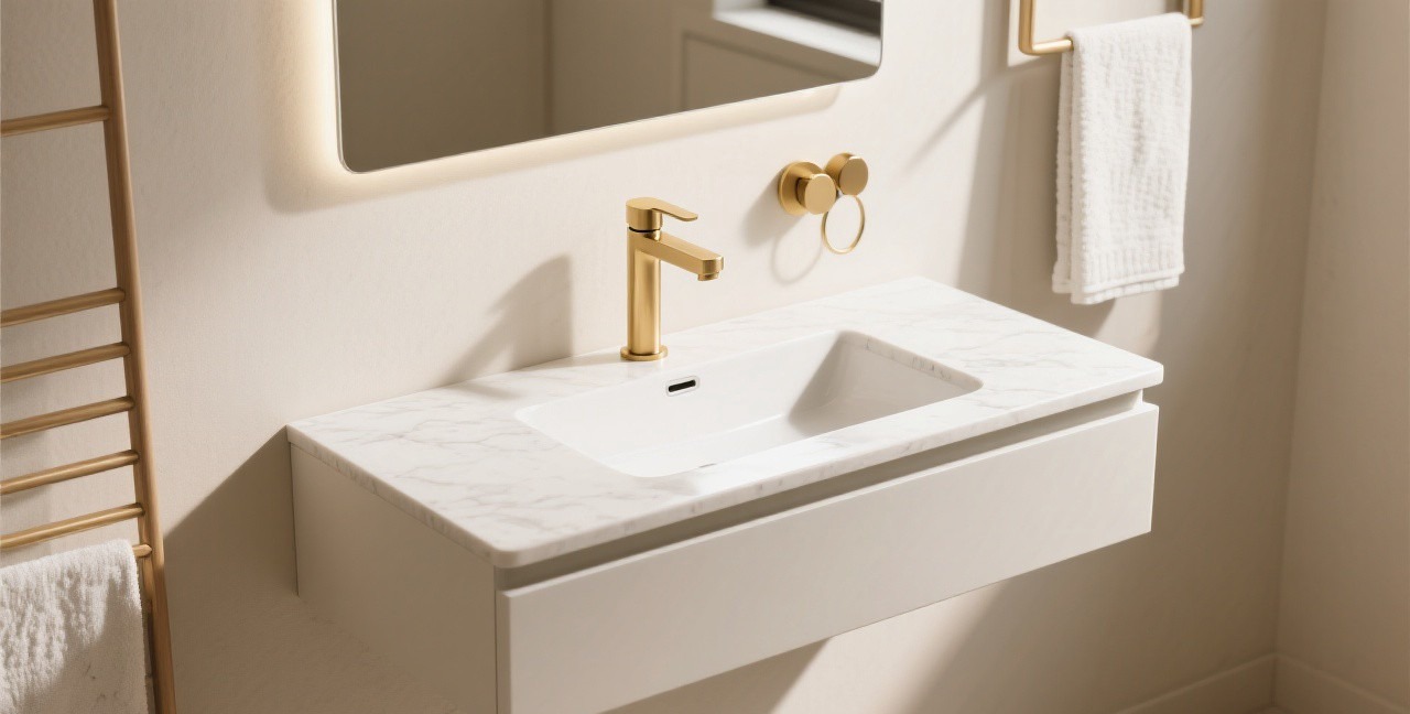 Modern bathroom vanity with white quartz countertop, undermount sink, and brushed gold faucet