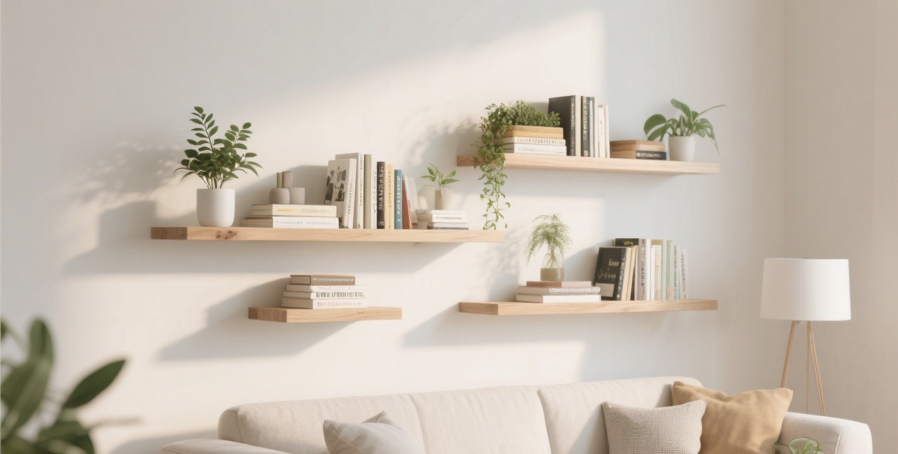 Beautifully installed white oak floating shelves with books and plants in a modern living room