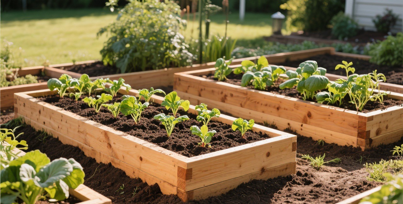 Well-built cedar raised garden beds filled with rich soil and young vegetable plants