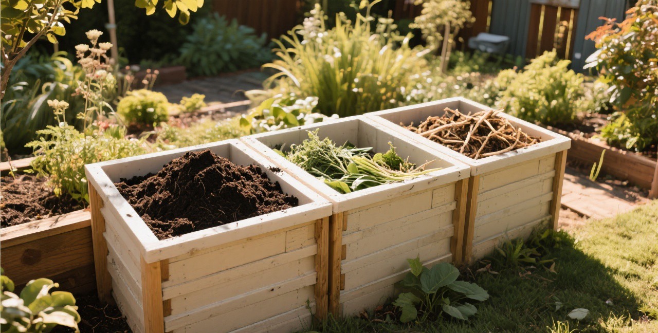 Three-bin composting system in backyard with finished dark compost and fresh materials