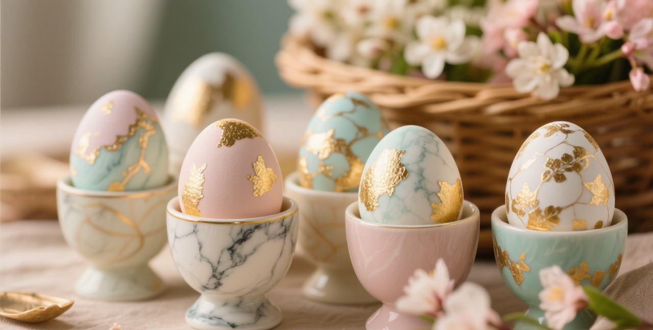 Beautifully decorated Easter eggs in pastel marble and gold leaf styles displayed in ceramic egg cups