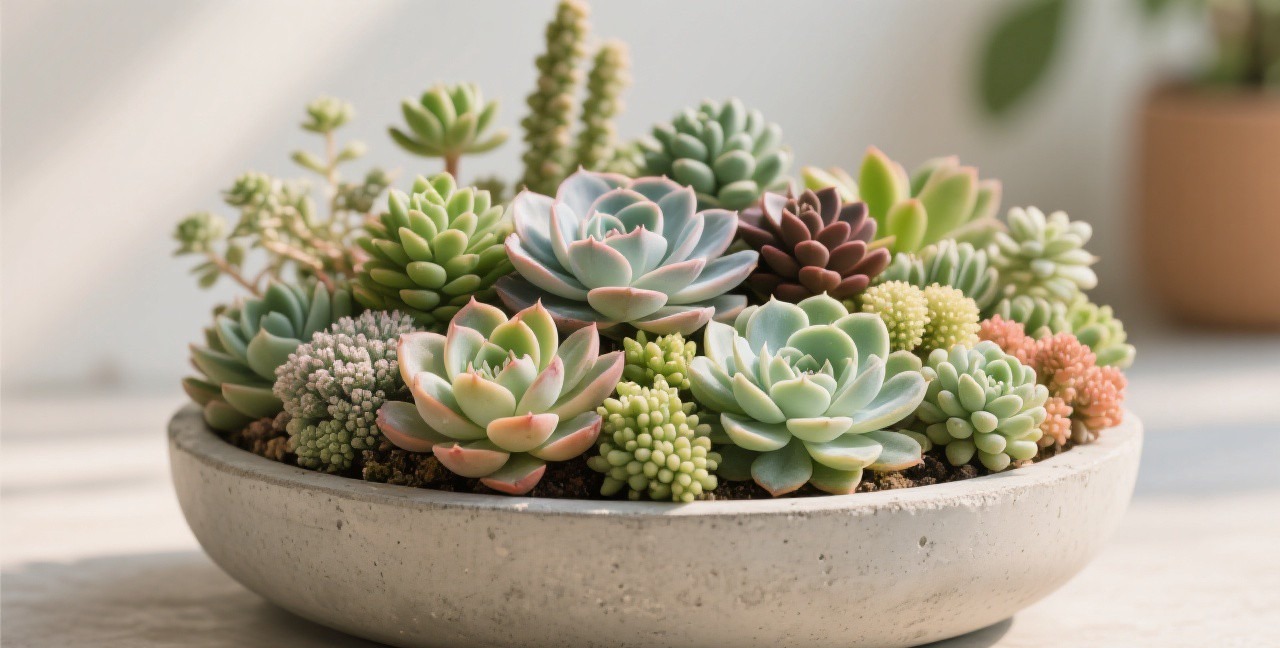 Stunning succulent arrangement in shallow concrete container with various colors and textures