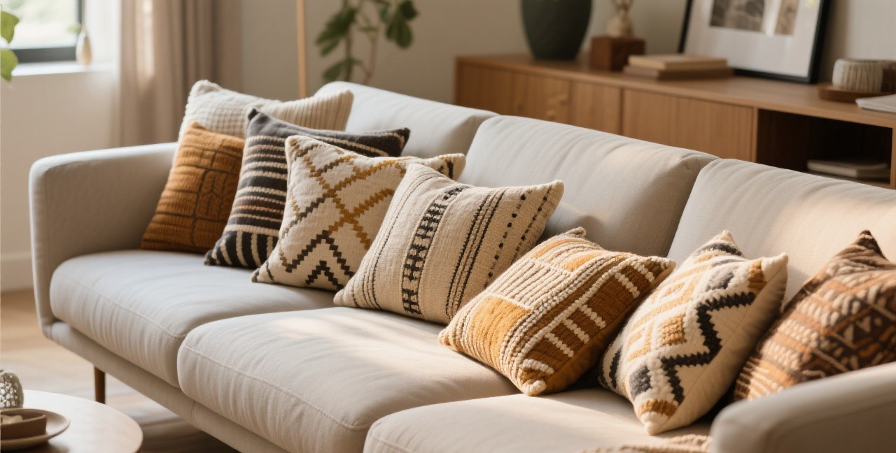 Assortment of handmade throw pillows in various patterns and textures on a modern sofa