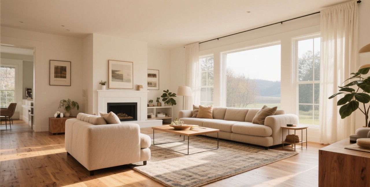 Spacious living room with wide-plank oak hardwood flooring and a large area rug under seating group