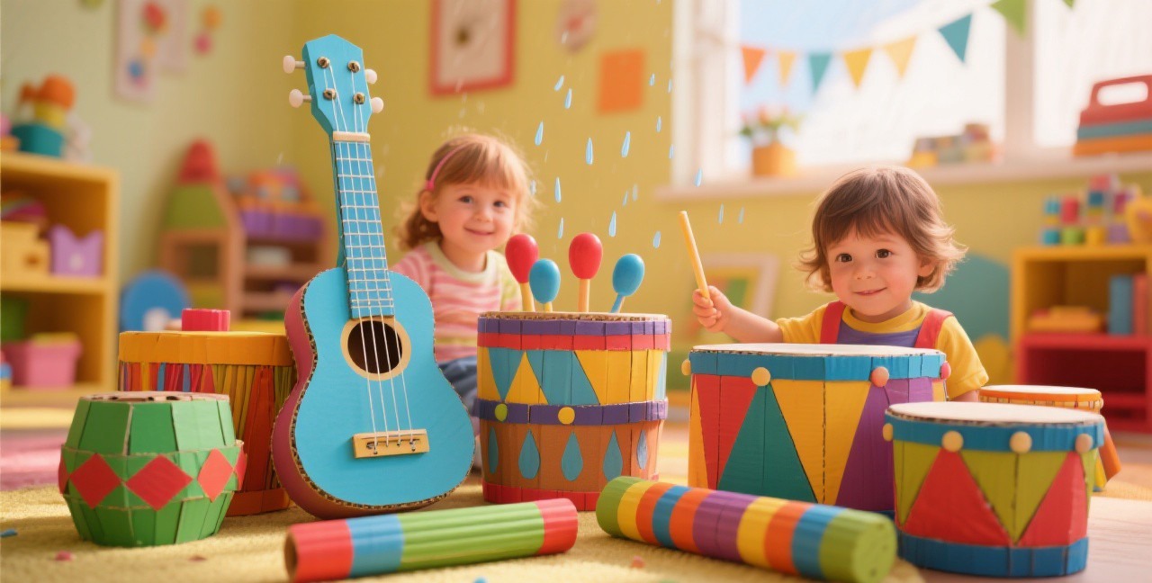 Colorful collection of homemade musical instruments including cardboard guitar, rain stick, and drums made by children in a bright playroom