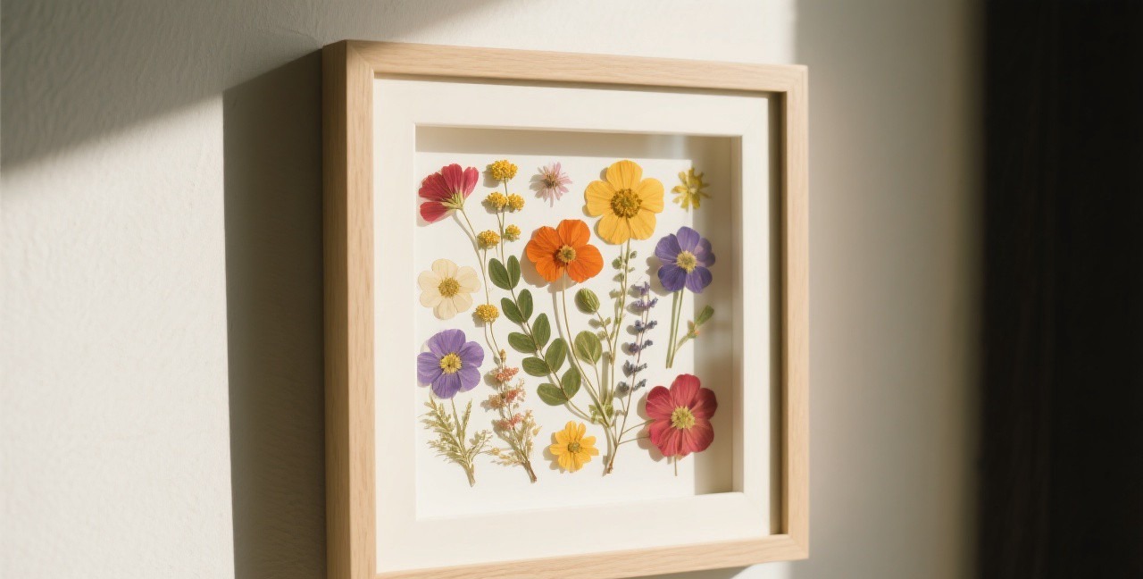 Beautifully framed pressed flower art arrangement with colorful petals and botanical specimens