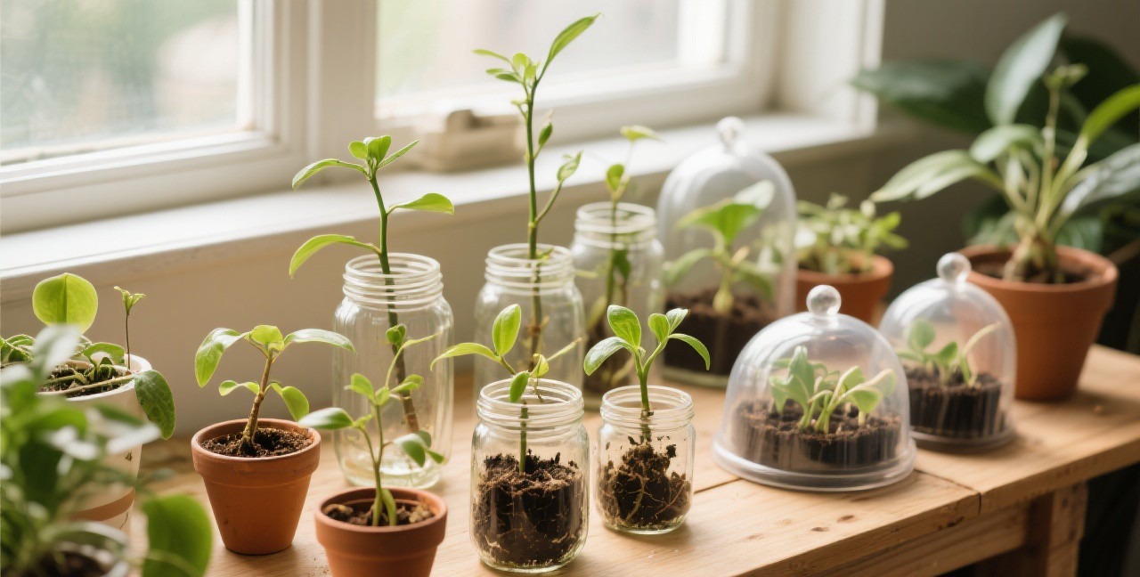 Propagation station with various plant cuttings rooting in glass jars and small pots