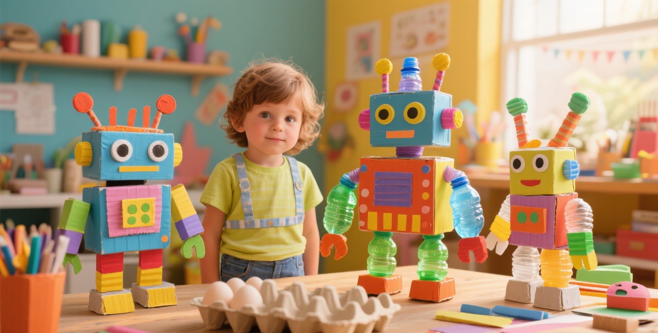 Colorful recycled art robots and creatures made by children from plastic bottles and cardboard