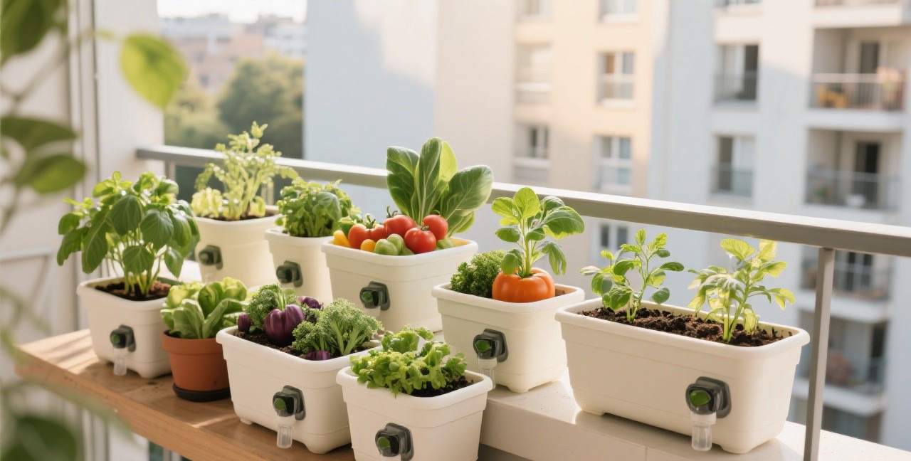 Collection of self-watering containers with healthy vegetables and herbs on an apartment balcony