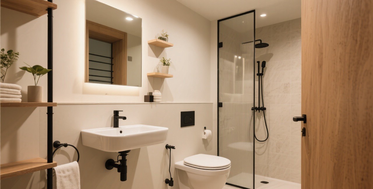 Compact bathroom with space-saving fixtures and clever storage solutions
