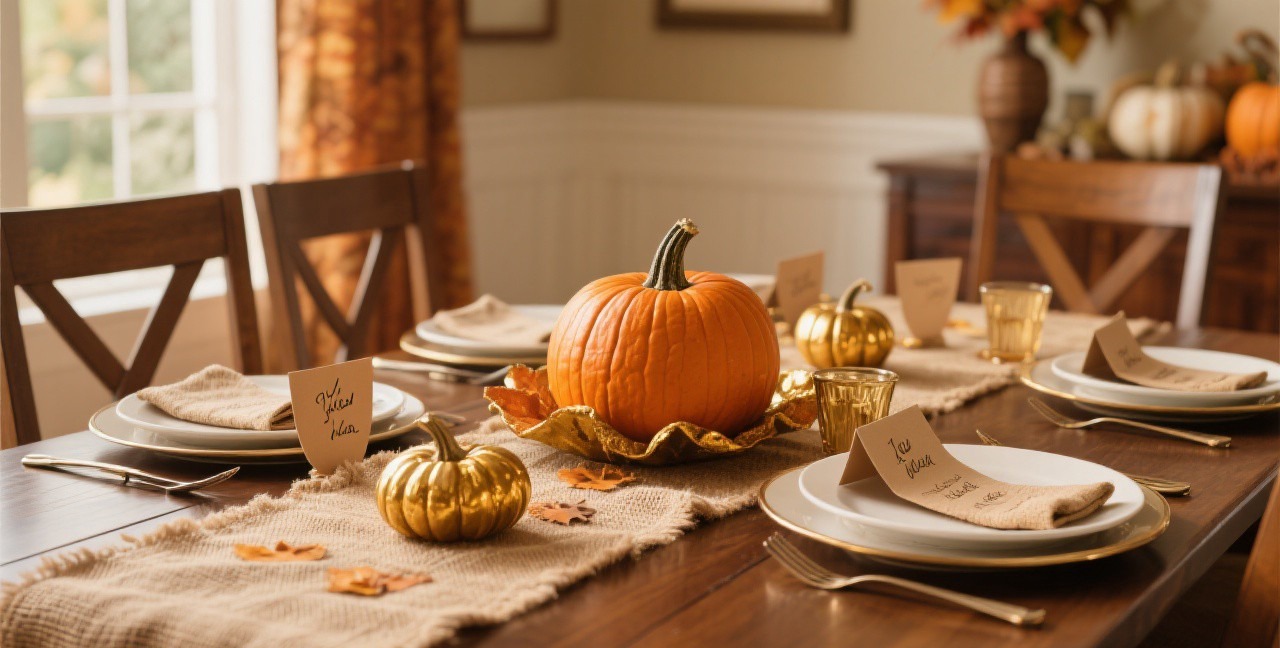 Elegant Thanksgiving table setting with handmade place cards, burlap runner, and pumpkin centerpiece