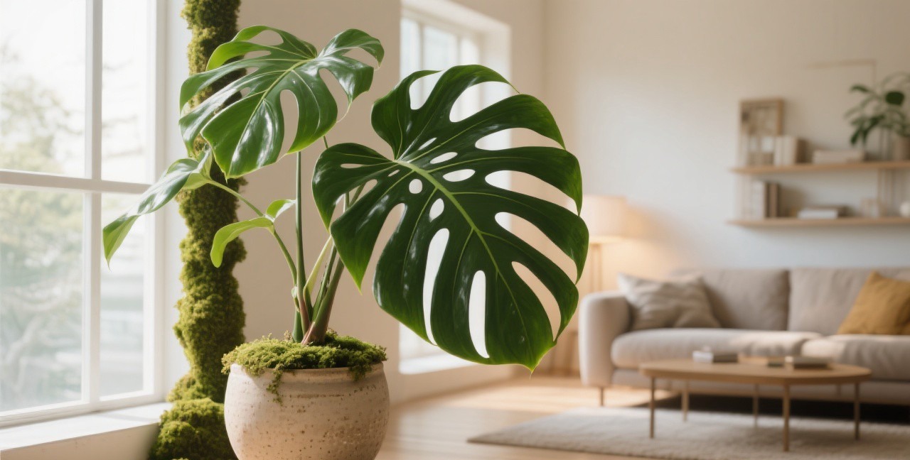 Large healthy monstera deliciosa plant with fenestrated leaves growing in a ceramic pot near a window